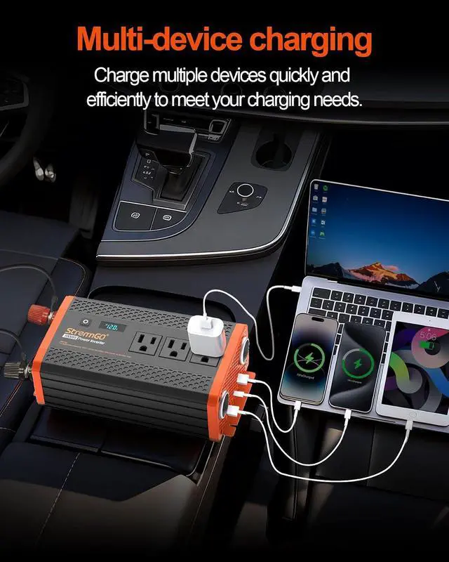 Alt view image 3 of 7 - 1000W Power Inverters for Vehicles,Car Inverter 12V to 110V/120V | 2 Cigarette lighter port,3 AC Output,2 USB port USB 24W,1 Type-C port PD 30W,Flameproof endosure,LED Display