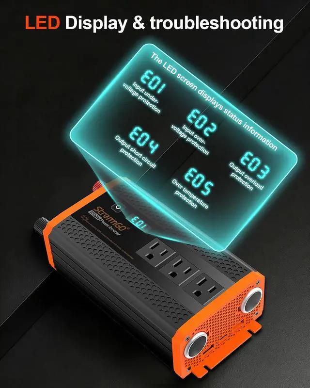 Alt view image 4 of 7 - 1000W Power Inverters for Vehicles,Car Inverter 12V to 110V/120V | 2 Cigarette lighter port,3 AC Output,2 USB port USB 24W,1 Type-C port PD 30W,Flameproof endosure,LED Display
