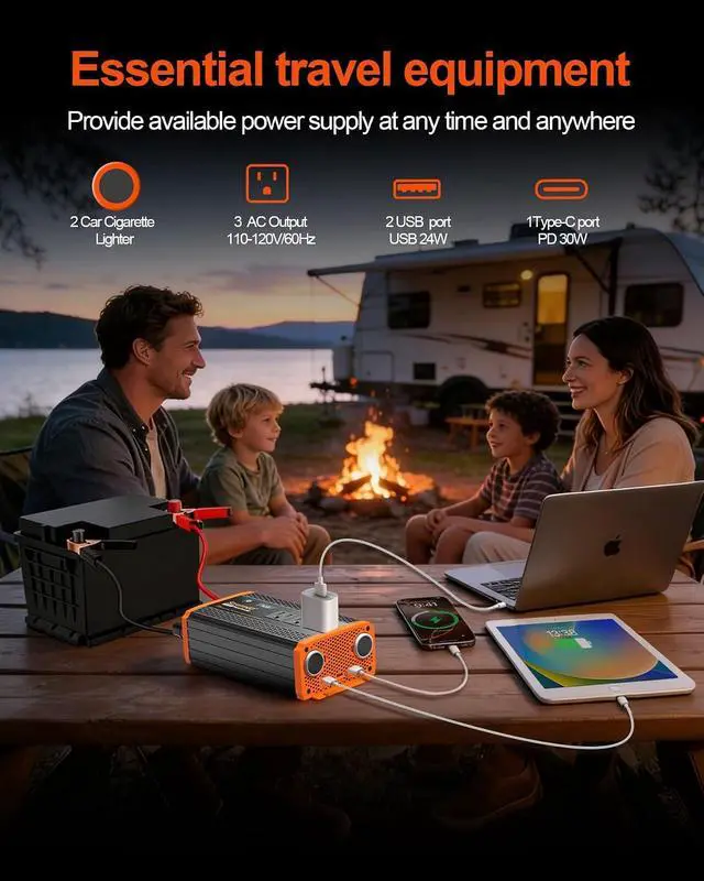 Alt view image 5 of 7 - 1000W Power Inverters for Vehicles,Car Inverter 12V to 110V/120V | 2 Cigarette lighter port,3 AC Output,2 USB port USB 24W,1 Type-C port PD 30W,Flameproof endosure,LED Display