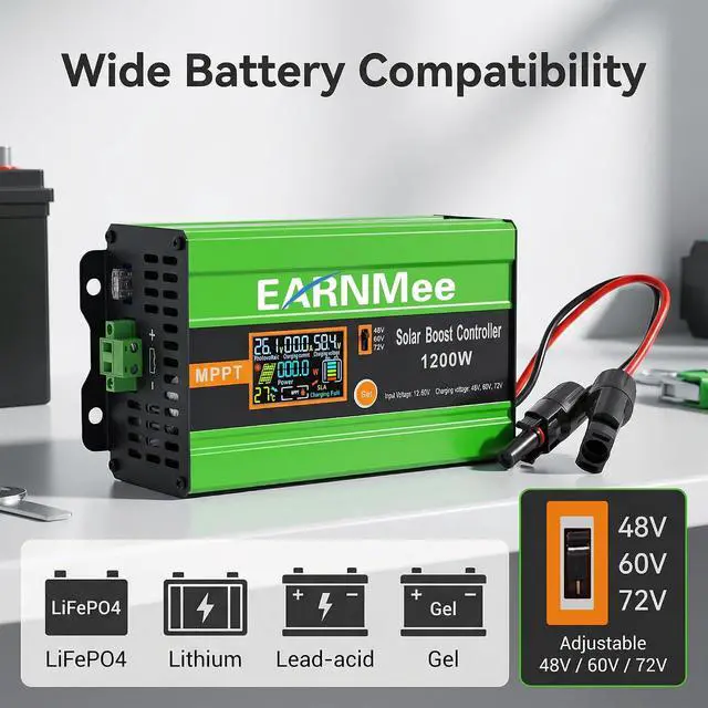 Alt view image 3 of 7 - 30A/48V MPPT Solar Charge Controller 1200W 12-60V Input to 48-72V | 1200W Controller with LCD,Output Max 15A for LiFePO4/Lithium/Lead Acid Battery for RV/Solar System/Golf Cart,Full Protection