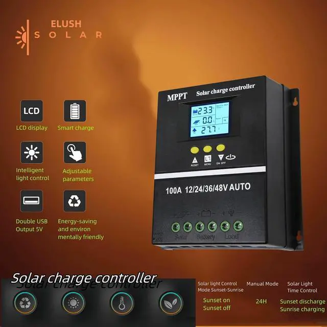 Alt view image 2 of 7 - 100A MPPT Solar Charge Controller 12V 24V 36V 48V LCD Display Battery ligent Regulator Max 100V Input Dual USB for Lead-Acid/Lithium (100A)