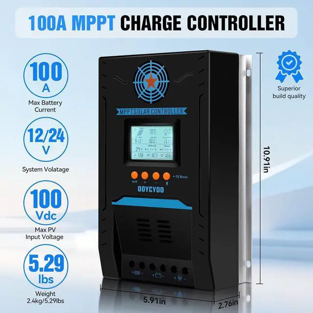 Alt view image 2 of 7 - 100A MPPT Solar Charge Controller 12V/24V DC Input, Auto Parameter Adjustment, LCD Display, Solar Panel Voltage Regulator, Fits Lead-Acid, AGM, Sealed, Gel, Flooded & LiFePO4