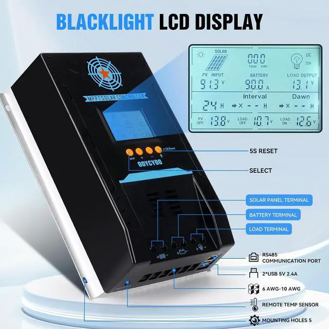 Alt view image 3 of 7 - 100A MPPT Solar Charge Controller 12V/24V DC Input, Auto Parameter Adjustment, LCD Display, Solar Panel Voltage Regulator, Fits Lead-Acid, AGM, Sealed, Gel, Flooded & LiFePO4