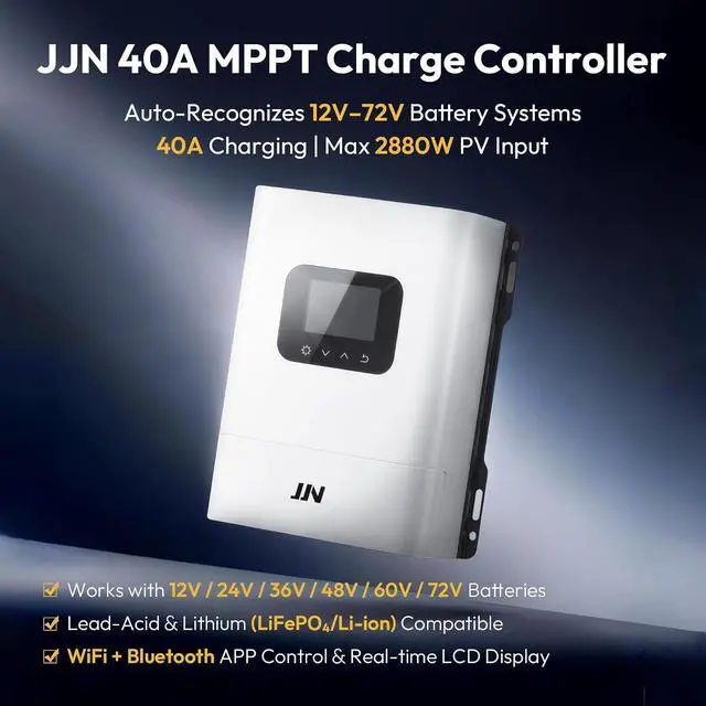 Alt view image 2 of 7 - 40A MPPT Solar Charge Controller, 99.5% Efficiency, Built-in WiFi | LiFePO4 AGM Compatible,with large, clear OLED Display,12V-72V system Auto,IP67 Waterproof