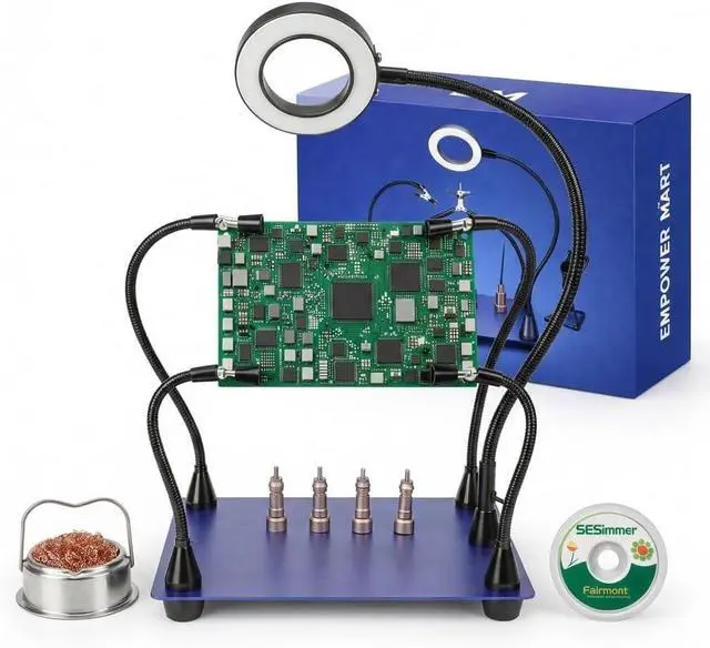 Main image of Helping Hands Soldering Station - Soldering Iron Kit w/Clamp, 5X Magnifying Glass & LED Light, 4 Flexible Arms, Heavy Duty Base, PCB Holder, Third Hand Soldering Tool for Electronic Repair & Jewelry
