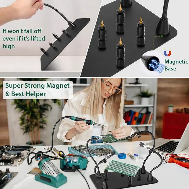 Alt view image 4 of 6 - Super Magnetic Helping Hands Soldering Station, Third Hand Soldering Tool with Alligator Clips, 4 Flexible Gooseneck Arms & 4 PCB Circuit Board Holders for Electronic Repair Soldering Craft Hobby