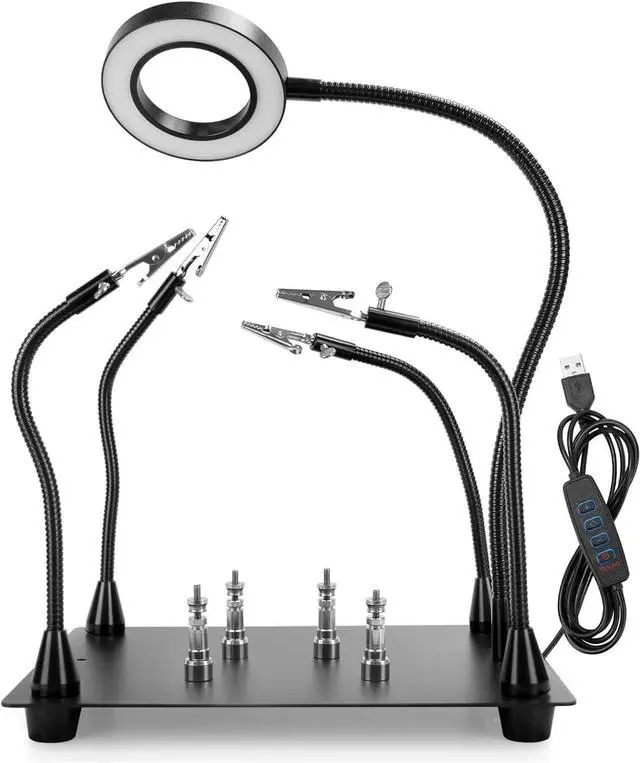 Main image of Magnetic Helping Hands Soldering Station with 4 Flexible Helping Hands, 5X Magnifying Glass and Adjustable Light with 4 Magnetic PCB Holder on Large Non-Slip Base for Electronic Repair