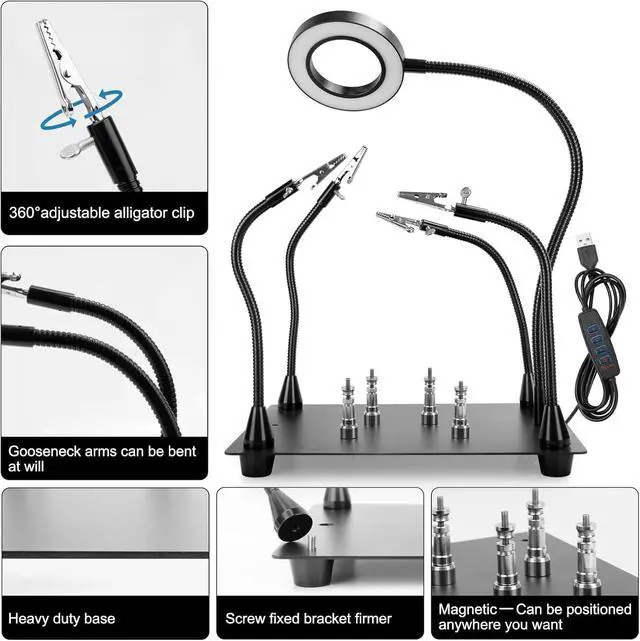 Alt view image 2 of 7 - Magnetic Helping Hands Soldering Station with 4 Flexible Helping Hands, 5X Magnifying Glass and Adjustable Light with 4 Magnetic PCB Holder on Large Non-Slip Base for Electronic Repair