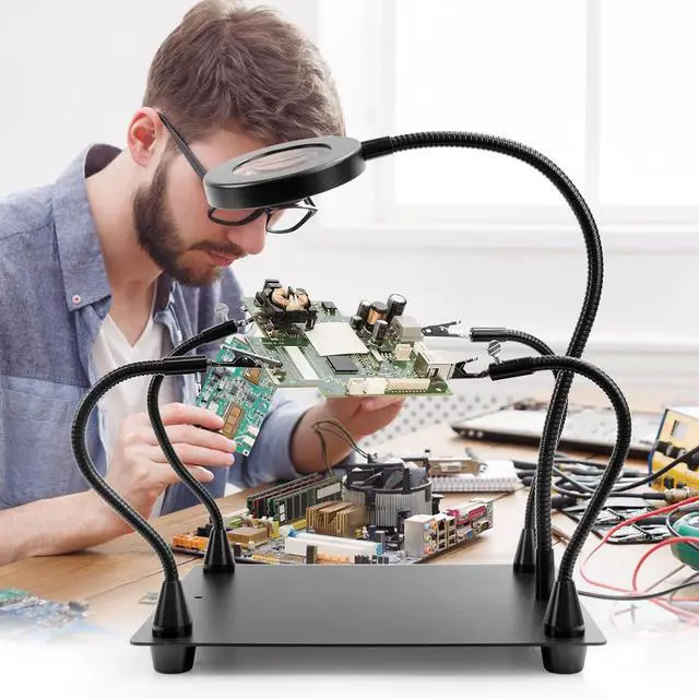 Alt view image 6 of 7 - Magnetic Helping Hands Soldering Station with 4 Flexible Helping Hands, 5X Magnifying Glass and Adjustable Light with 4 Magnetic PCB Holder on Large Non-Slip Base for Electronic Repair