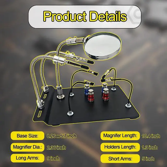 Alt view image 7 of 7 - Magnetic Helping Hands Soldering Third Hand Clamp for Soldering Station | with 5X Magnifier, Movable Helper Arms,PCB Circuit Board Holders, Heavy Duty Base for Repairing Desoldering DIY Jewelry