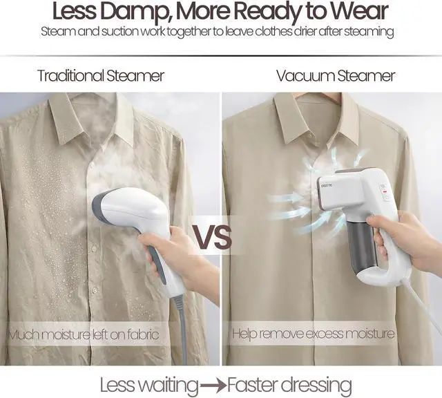 Alt view image 5 of 7 - Vacuum Steamer for Clothes, 2 in 1 Handheld Travel Garment Steamer | 2-Level Adjustable Suction (2000Pa / 3600Pa) | 2-in-1 Steaming & Ironing | Wrinkle-Free on Travel | FCC Certified