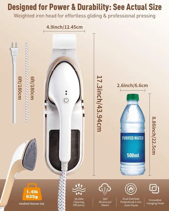 Alt view image 2 of 7 - Garment Steamer for Clothes, 2-in-1 Steamer & Iron, Powerful 1500W | Fast Heat-Up 30s, 35 Mins Steam. No Leak, Auto-Off. Extra Large Soleplate, 330ml Detachable Tank. For Home & Closet. 120V