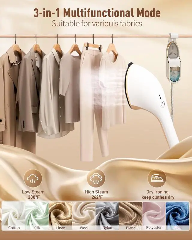 Alt view image 6 of 7 - Garment Steamer for Clothes, 2-in-1 Steamer & Iron, Powerful 1500W | Fast Heat-Up 30s, 35 Mins Steam. No Leak, Auto-Off. Extra Large Soleplate, 330ml Detachable Tank. For Home & Closet. 120V