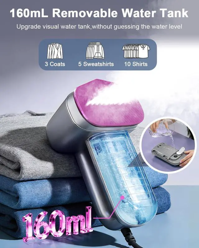 Alt view image 5 of 7 - Handheld Steamer for Clothes,Travel Garment Steamer for Fabric | 160ml Large Water Tank,1200W Clothes Steamer,6 Steam Mode,Stong Steam,Quick Wrinkle Removal,120V for Home,Office