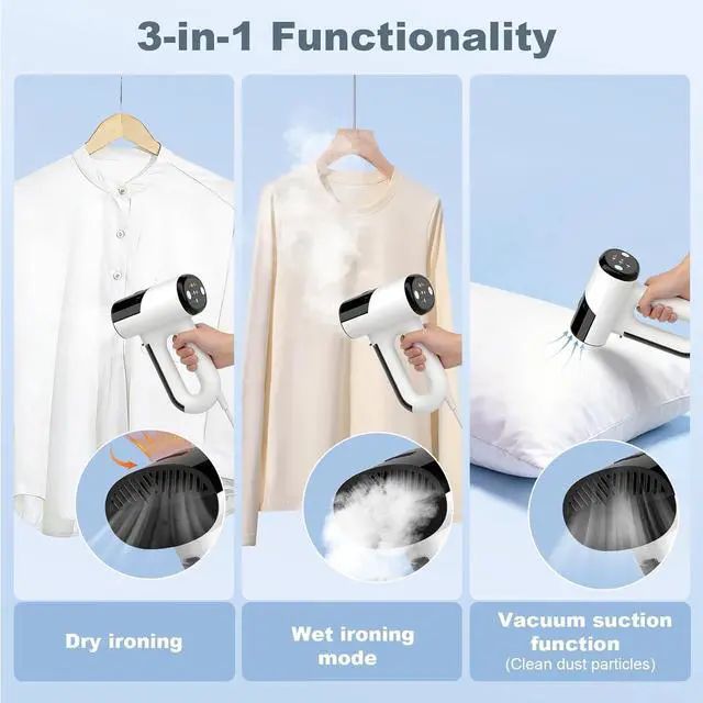 Alt view image 2 of 7 - Vacuum Steamer for Clothes, 3 in 1 Steaming & Ironing& Clean Dust Garment Steamer, 5500Pa Suction Handheld Portable Travel Steamers for Clothes, Lightweight, for Quick Wrinkle Removal (110V Use)