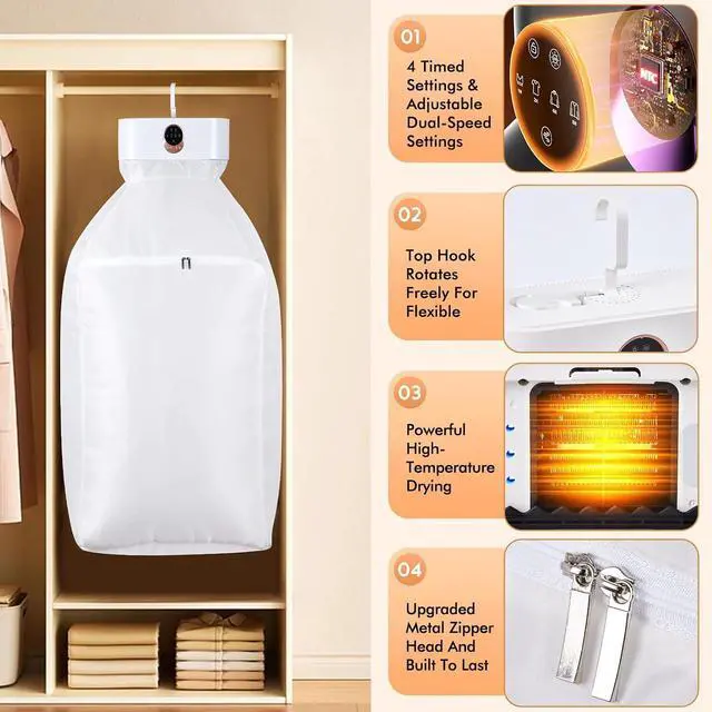 Alt view image 2 of 7 - Hanging Portable Clothes Dryer, Mini & Compact Dryer | For Apartment, Dorms, RV&Travel, 4 Timer Settings (1H/2H/4H/8H), 167°F Constant Temperature