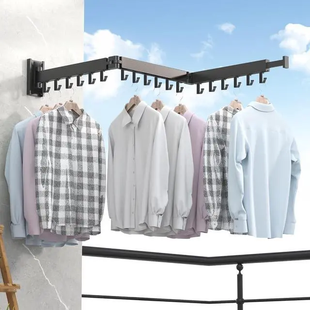 Alt view image 3 of 7 - Clothes Drying Rack Wall Mounted,Laundry Rack Wall Wount,Drying Rack Clothing for Laundry,Retractable Dryer Racks,Wall Mounted Drying Rack Collapsible, Black, Sandy Coating,3z-b01