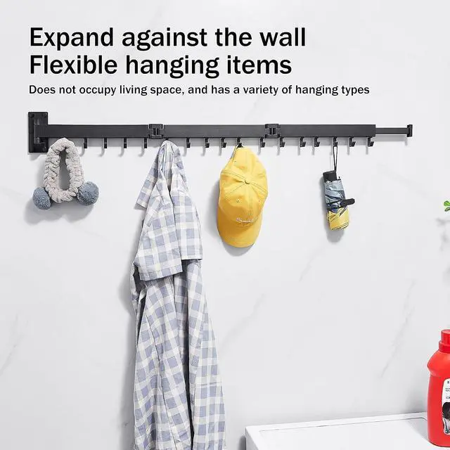 Alt view image 4 of 7 - Clothes Drying Rack Wall Mounted,Laundry Rack Wall Wount,Drying Rack Clothing for Laundry,Retractable Dryer Racks,Wall Mounted Drying Rack Collapsible, Black, Sandy Coating,3z-b01
