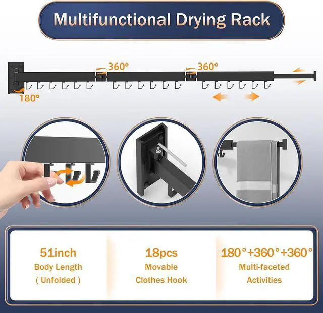 Alt view image 5 of 7 - Clothes Drying Rack Wall Mounted,Laundry Rack Wall Wount,Drying Rack Clothing for Laundry,Retractable Dryer Racks,Wall Mounted Drying Rack Collapsible, Black, Sandy Coating,3z-b01