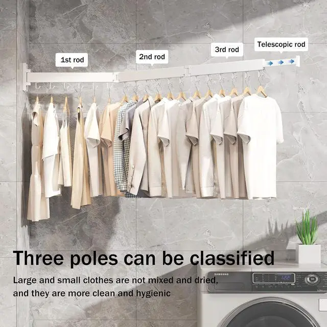 Alt view image 6 of 7 - Clothes Drying Rack Wall Mounted,Drying Rack Clothing,Laundry Drying Rack Wall Mount,Collapsible Drying Racks for Laundry,Retractable,Foldable,Clothes Hanger Rack,Clothes Dryer Rack,White Color