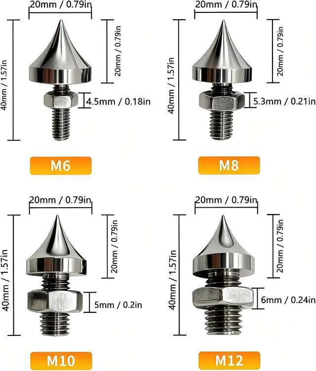 Alt view image 2 of 7 - 4 Pcs Speaker Spikes M6/M8/M10/M12 Stainless Steel HiFi Shock Absorber Isolation Pucks Speaker Resonance Feet Spikes for Amplifier CD DVD Player(M8)