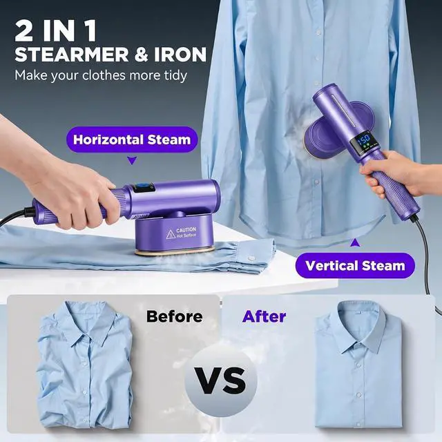 Alt view image 3 of 7 - Travel Steamer for Clothes, 2-in-1 Steam Iron & Garment Steamer | Portable Handheld Clothes Steam with Fast Heat-Up Ceramic Portable Iron Wrinkle Removal for Home/Hotel /Travel Size