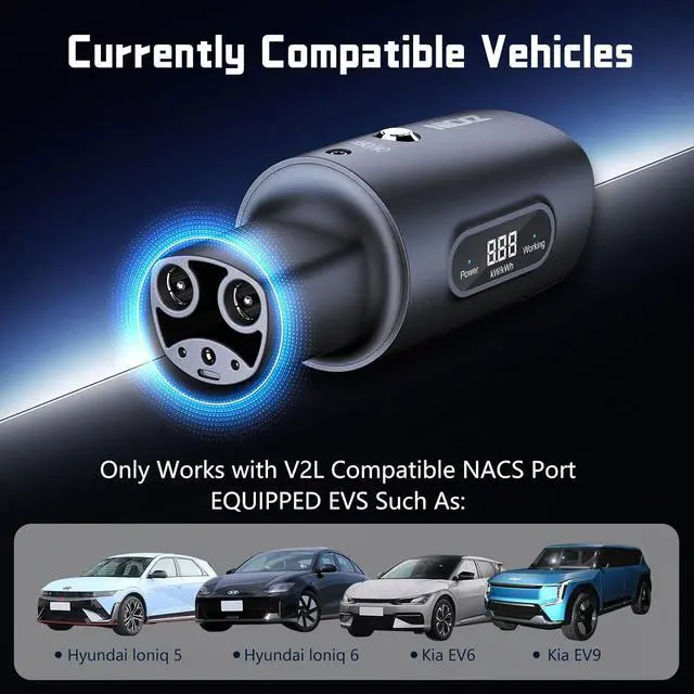 Alt view image 4 of 6 - NACS V2L Adapter-Vehicle to Load Adapter for 2025+Ioniq 5/6/9, 2026+Kia EV3/5/6/9, 2025+Genesis(Requires V2L+NACS Inlet), Safety Lock, LED Display,Power for Camping, Trips, Emergencies etc.