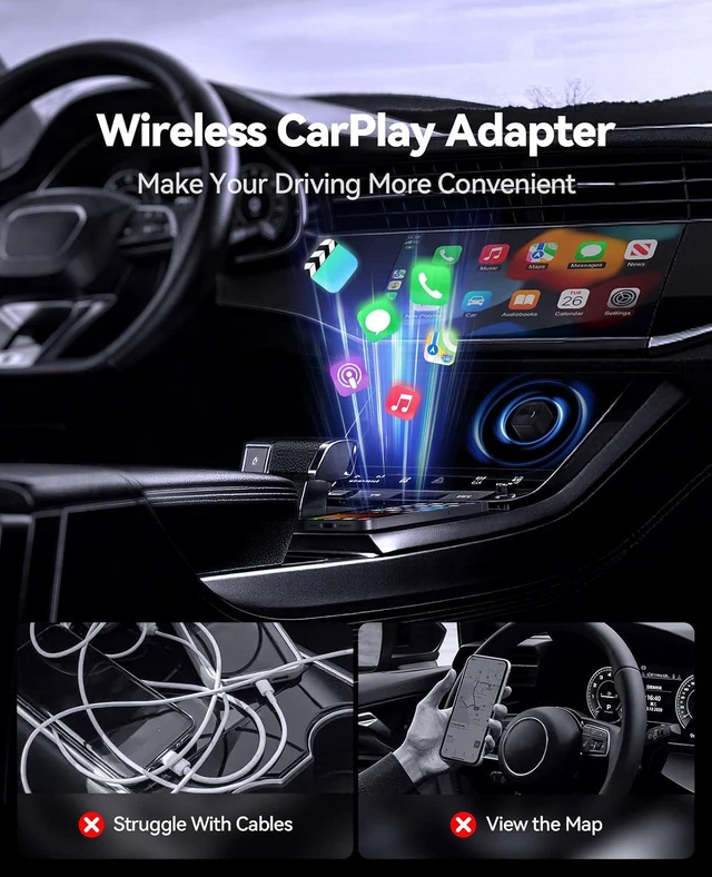Alt view image 6 of 7 - Wireless CarPlay & Android Auto Adapter Converts Wired to Wireless | Fast Auto Reconnect, Plug & Play for Factory Wired CarPlay Vehicles, Most Cars 2016+, Black