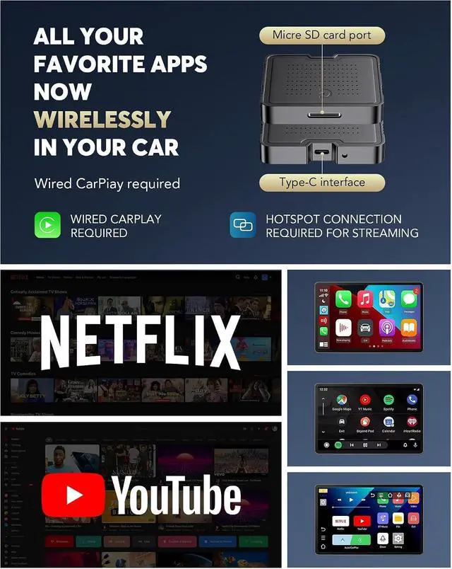 Alt view image 5 of 6 - 2-in-1 Wireless CarPlay Adapter for Streaming Netflix/YouTube/TikTok/TF Card, 2025 Magic Video AI Box & Android Auto Dongle, Plug & Play, Fit with iPhone 8+/iOS10+/Android 11+