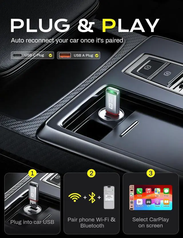 Alt view image 3 of 7 - 2-in-1 Wireless CarPlay Adapter 2026 Support CarPlay & Android Auto, Fast Auto-Connect, No Latency, Mini Bluetooth Dongle Convert Wired to Wireless Compatible with iPhone & Android Silver U3