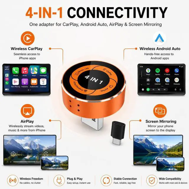 Alt view image 7 of 7 - 4-in-1 Wireless CarPlay Adapter, Converts Wired CarPlay & Android Auto to Wireless, Supports AirPlay & Screen Mirroring, Auto Reconnect, USB-A/C Included, Plug and Play