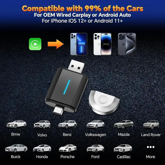 Alt view image 3 of 7 - 2 in 1 Wireless Carplay Adapter for CarPlay & Android Auto, USB A & USB C Dongle Converts Wired to Wireless, Compatible with Cars from 2016, Plug & Play