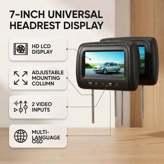 Alt view image 3 of 7 - 2pcs 7 in Headrest LCD Video Monitor Car Headrest Display Adjustable Headrest MP5 Screen Dual Display 800 x 480 RGB Wireless Remote Universal Car with 2 Video Input for Rear Seat