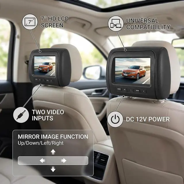 Alt view image 4 of 7 - 2pcs 7 in Headrest LCD Video Monitor Car Headrest Display Adjustable Headrest MP5 Screen Dual Display 800 x 480 RGB Wireless Remote Universal Car with 2 Video Input for Rear Seat