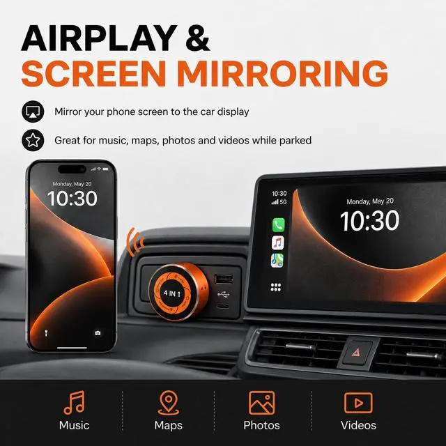Alt view image 2 of 7 - 4-in-1 Wireless CarPlay Adapter, Converts Wired CarPlay & Android Auto to Wireless, Supports AirPlay & Screen Mirroring, Auto Reconnect, USB-A/C Included, Plug and Play