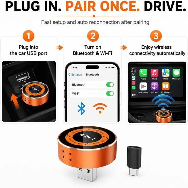Alt view image 3 of 7 - 4-in-1 Wireless CarPlay Adapter, Converts Wired CarPlay & Android Auto to Wireless, Supports AirPlay & Screen Mirroring, Auto Reconnect, USB-A/C Included, Plug and Play