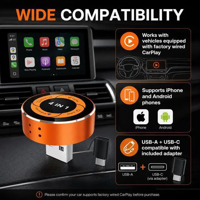 Alt view image 6 of 7 - 4-in-1 Wireless CarPlay Adapter, Converts Wired CarPlay & Android Auto to Wireless, Supports AirPlay & Screen Mirroring, Auto Reconnect, USB-A/C Included, Plug and Play