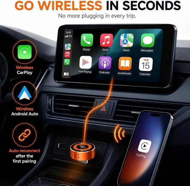 Alt view image 5 of 7 - 4-in-1 Wireless CarPlay Adapter, Converts Wired CarPlay & Android Auto to Wireless, Supports AirPlay & Screen Mirroring, Auto Reconnect, USB-A/C Included, Plug and Play