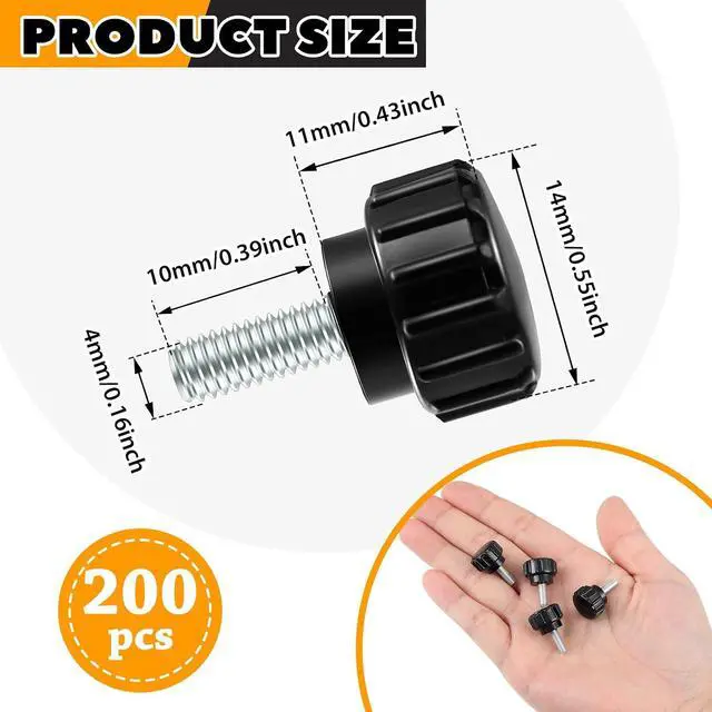 Alt view image 2 of 4 - M4 x 10 mm Threaded Knurled Thumb Screws for Monitor Mounts, 200 Pcs | Black Carbon Steel Clamping Knobs with Threaded Thumb Screw Design for Monitor Mounts