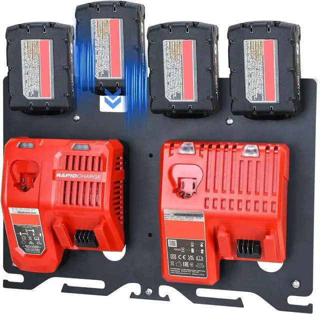 Main image of 3-in-1 Metal Wall Mount Rack for Milwaukee Battery, Charger & Drill | 4-M18 Battery Capacity | Fits M12-18C/FC and M18 DFC Chargers | Alloy Steel Material | Space-Saving Wall-Mounted Storage