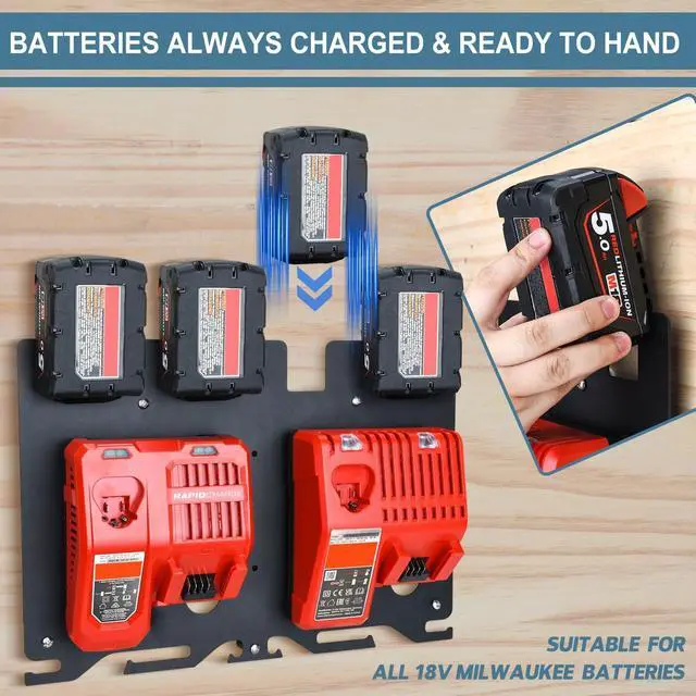 Alt view image 2 of 6 - 3-in-1 Metal Wall Mount Rack for Milwaukee Battery, Charger & Drill | 4-M18 Battery Capacity | Fits M12-18C/FC and M18 DFC Chargers | Alloy Steel Material | Space-Saving Wall-Mounted Storage