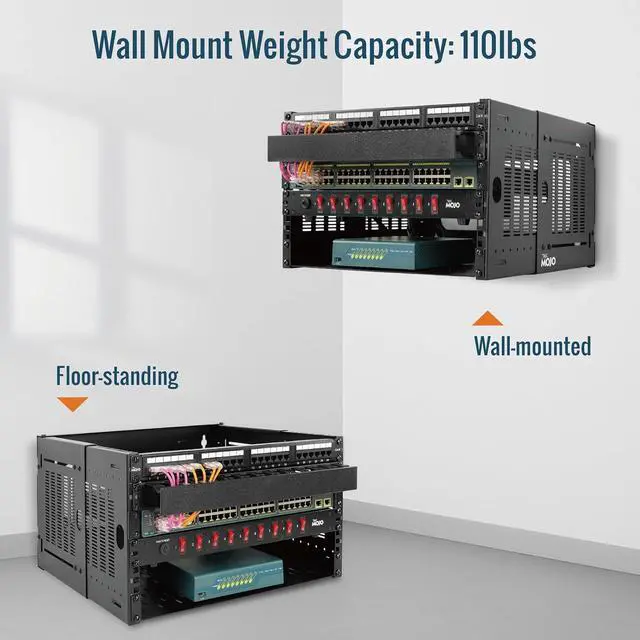 Alt view image 3 of 7 - 6U Wall Mount Network Rack, 19" Open Frame Patch Panel Bracket with Adjustable Depth 9.7-15.9 in, Fits Shallow IT Equipments, 110 lbs Capacity, EIA-310 Compliant