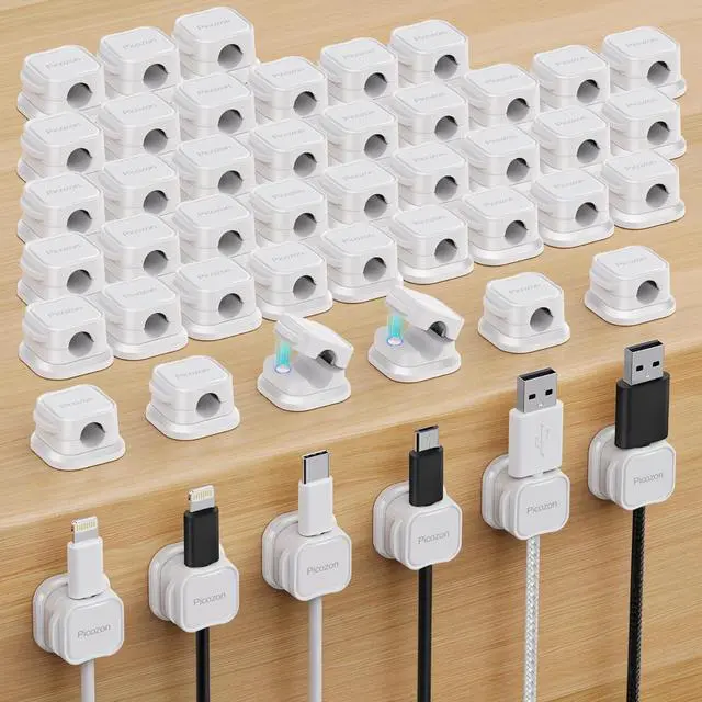 Main image of 48 Pack Magnetic Cable Clip Organizer Cord Holder, Adhesive Cable Management, Wire Phone USB Charger Cable Holder, Keeper Organizer for Office Home Desktop Table - White