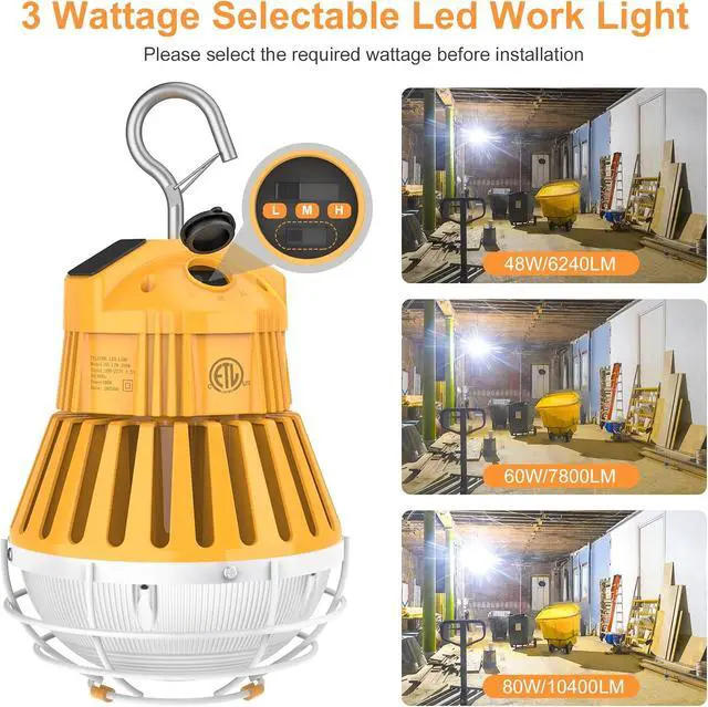 Alt view image 3 of 7 - 80W, 60W, 48W LED Temporary Work Light, Portable Hanging Construction Light | 5000K, Linkable, Selectable Power,10400lm, AC100-277V,10ft Cable Plug,ETL Listed | IP65 Job Site Lighting & LED Work Light