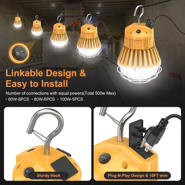 Alt view image 4 of 7 - 80W, 60W, 48W LED Temporary Work Light, Portable Hanging Construction Light | 5000K, Linkable, Selectable Power,10400lm, AC100-277V,10ft Cable Plug,ETL Listed | IP65 Job Site Lighting & LED Work Light