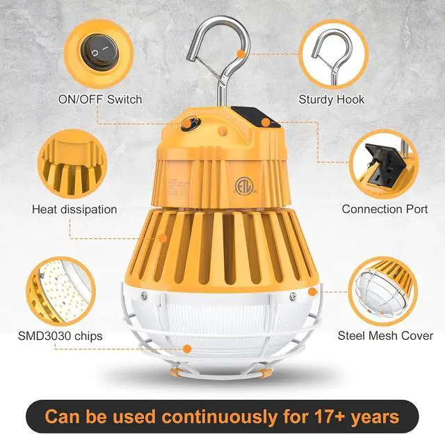 Alt view image 5 of 7 - 80W, 60W, 48W LED Temporary Work Light, Portable Hanging Construction Light | 5000K, Linkable, Selectable Power,10400lm, AC100-277V,10ft Cable Plug,ETL Listed | IP65 Job Site Lighting & LED Work Light