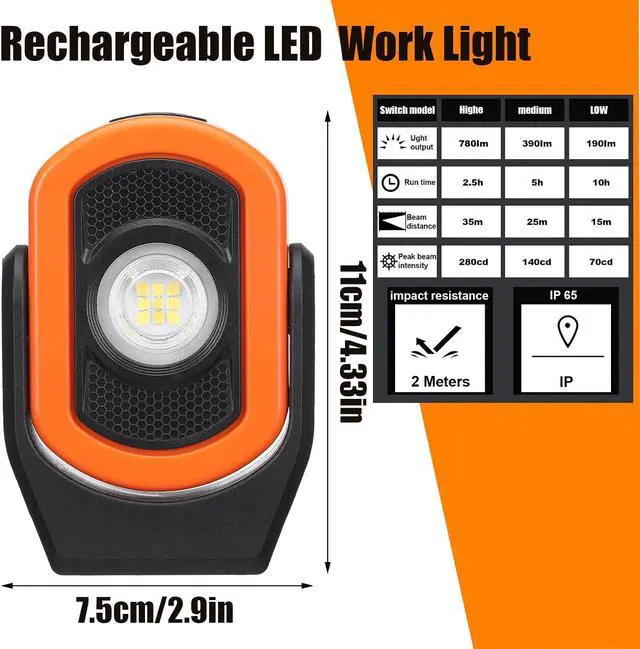 Alt view image 2 of 7 - 2 Pack 780 Lumens Magnetic Work Light USB Rechargeable LED Flashlight Portable Mechanic Light for Car Repair Emergency Lighting Mechanics Workshop Inspection(Orange-2pk)