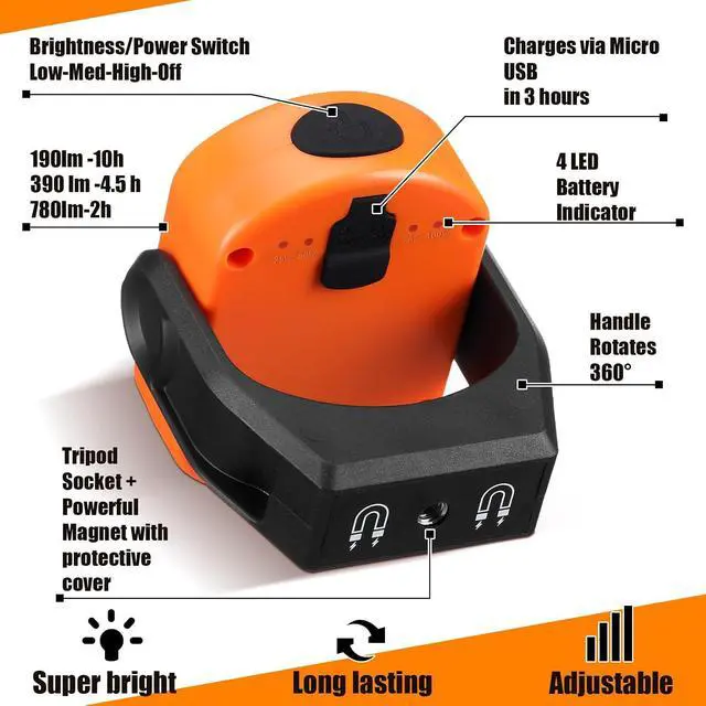 Alt view image 3 of 7 - 2 Pack 780 Lumens Magnetic Work Light USB Rechargeable LED Flashlight Portable Mechanic Light for Car Repair Emergency Lighting Mechanics Workshop Inspection(Orange-2pk)
