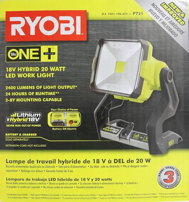 Alt view image 7 of 7 - Ryobi P721 One+ 1,800 Lumen 18V Hybrid AC and Lithium Ion Powered Flat Standing LED Work Light with Onboard Mounting Options (Battery and Extension Cord Not Included, Light Only)