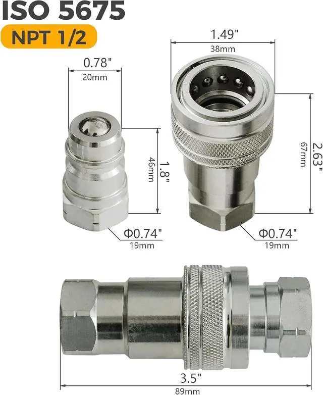 Alt view image 2 of 6 - 4Set 1/2" Ag ISO 5675 Hydraulic Quick Connect Tractor Couplers with Dust Caps Ball Valve, Ball Pioneer Style Hydraulic Quick Coupler-4SETS